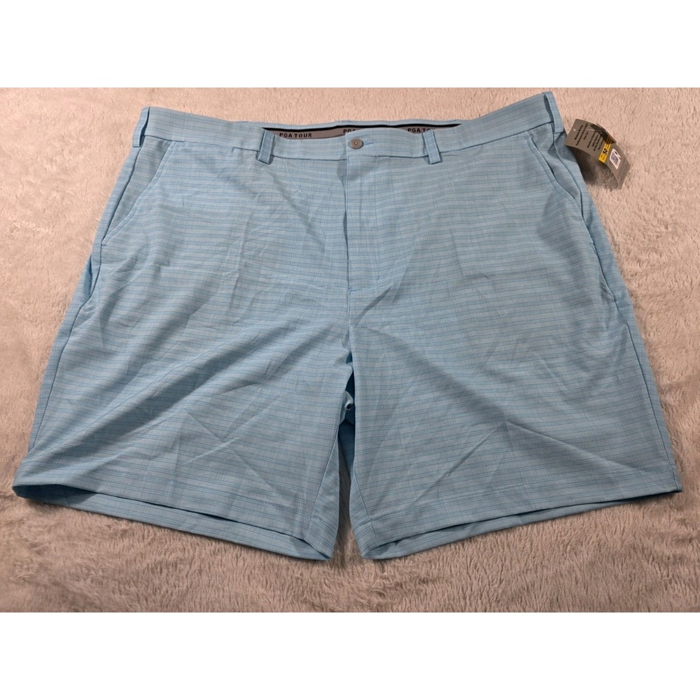 NWT PGA Tour Performance Golf Shorts Plaid Aqua Blue 44x8 Gripper Waistband